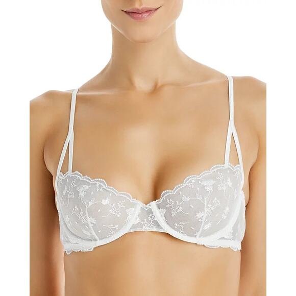 La Perla Scalloped Embroidered Mesh Lace Balconette Bra Size 32B White Underwire - Picture 3 of 12